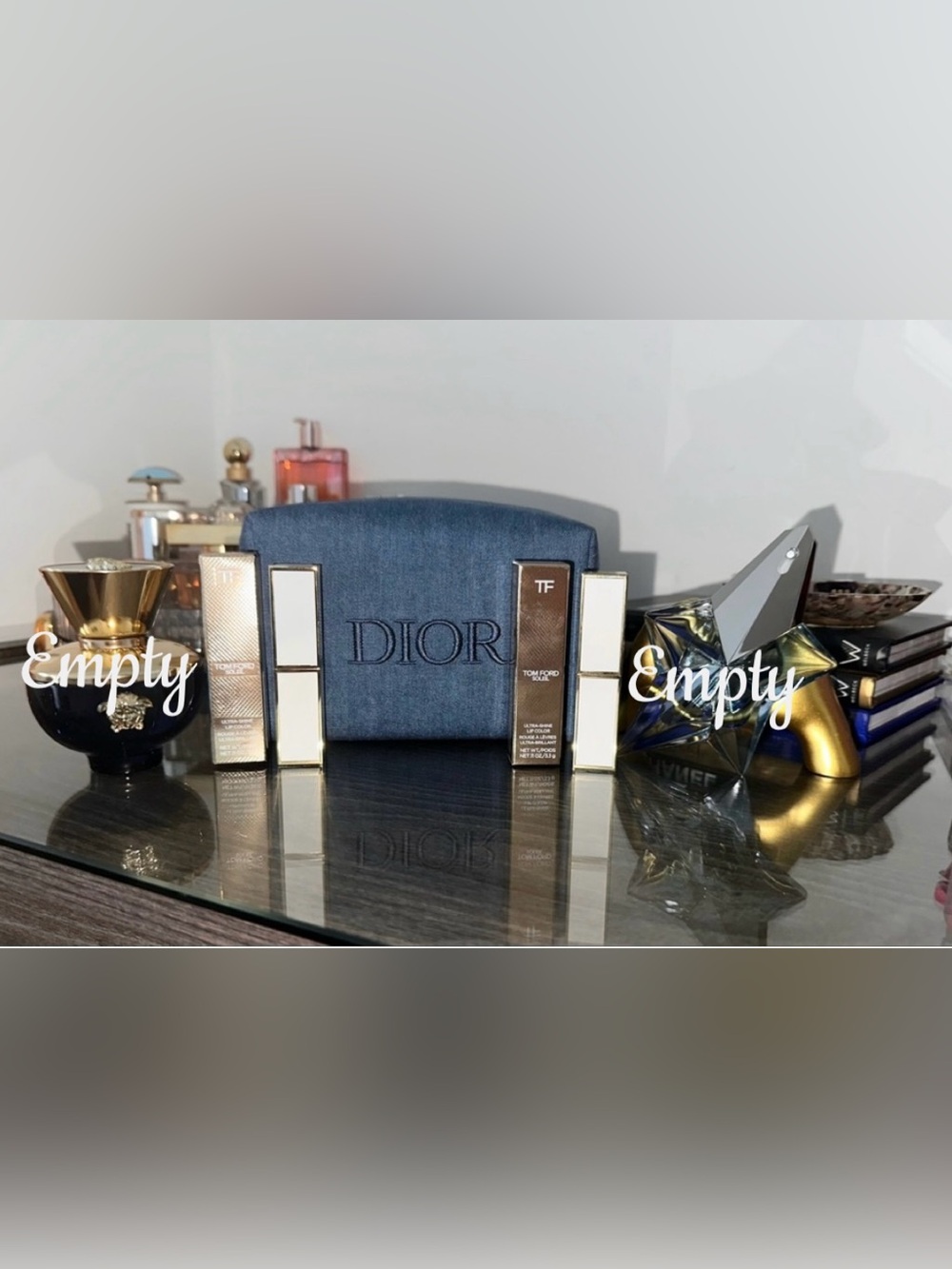 Dior Pouch, Angel Mugler, Versace Dylan Blue  (Empty) & Tom Ford Soleil Lipstick